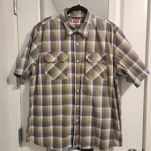 Wrangler Plaid Short Sleeve Button Down Shirt – Size L – Blue / Tan / Rust